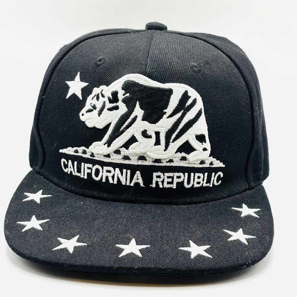 Private Label California Republic Black Flat Bill Snapback Cap Hat